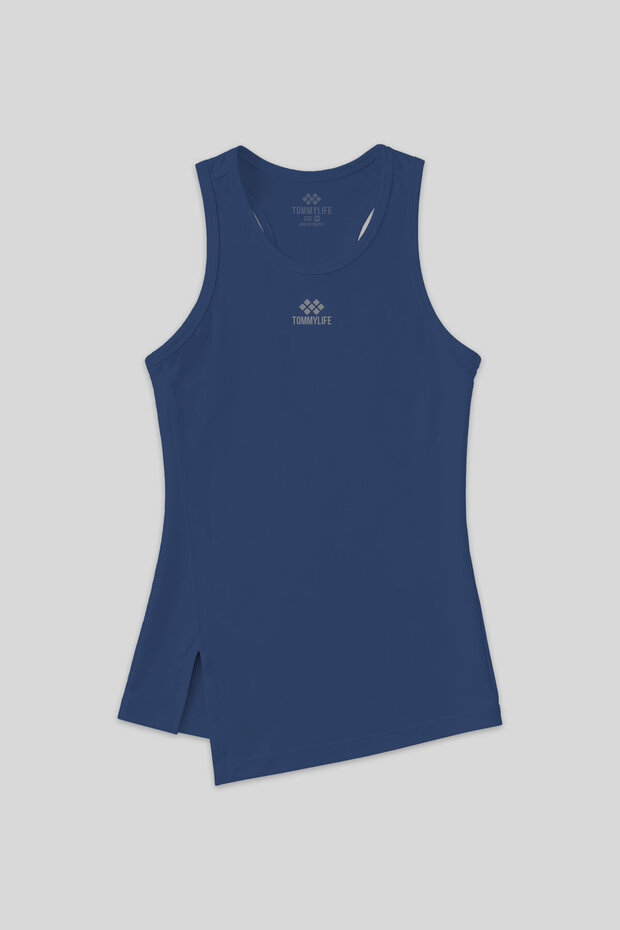 Indigo Slit Detailed O-Neck Zero Sleeve Standard Fit Women's Sports Tank Top - 97256