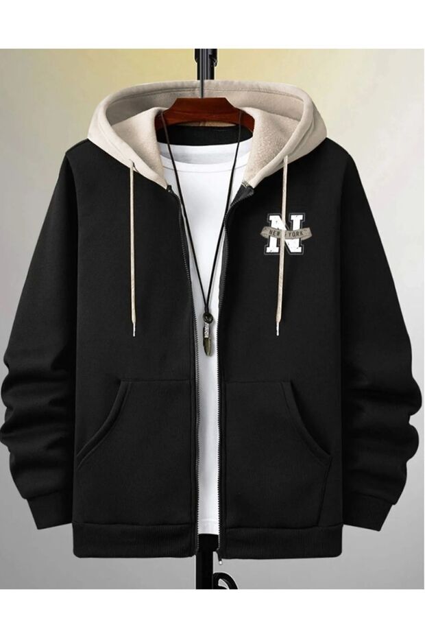 Men's Partial Color Black New York Printed Hooded Zipper Cardigan