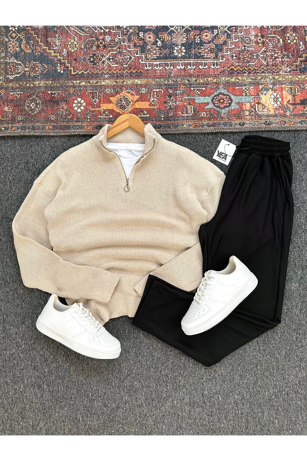 Selanik Knit Stand Collar Half-Zip Sweater and Ottoman Fabric Trousers 2-Piece Set
