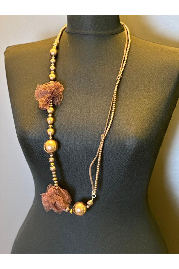 Brown Floral Bronze Beaded Women's Necklace Length 42 cm