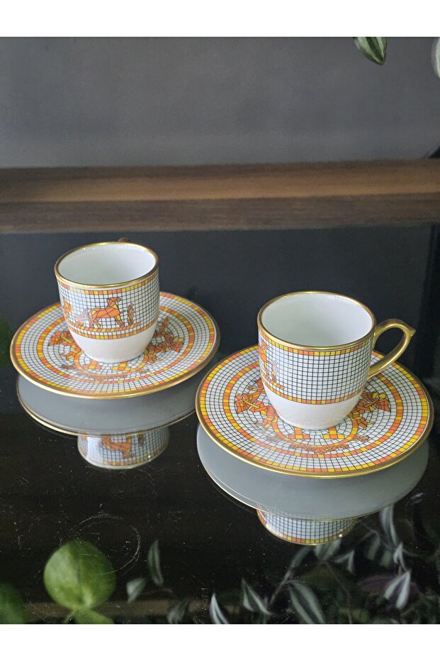 Handmade 4 Piece Porcelain Turkish Coffee Cup Set for 2 People Truva Series