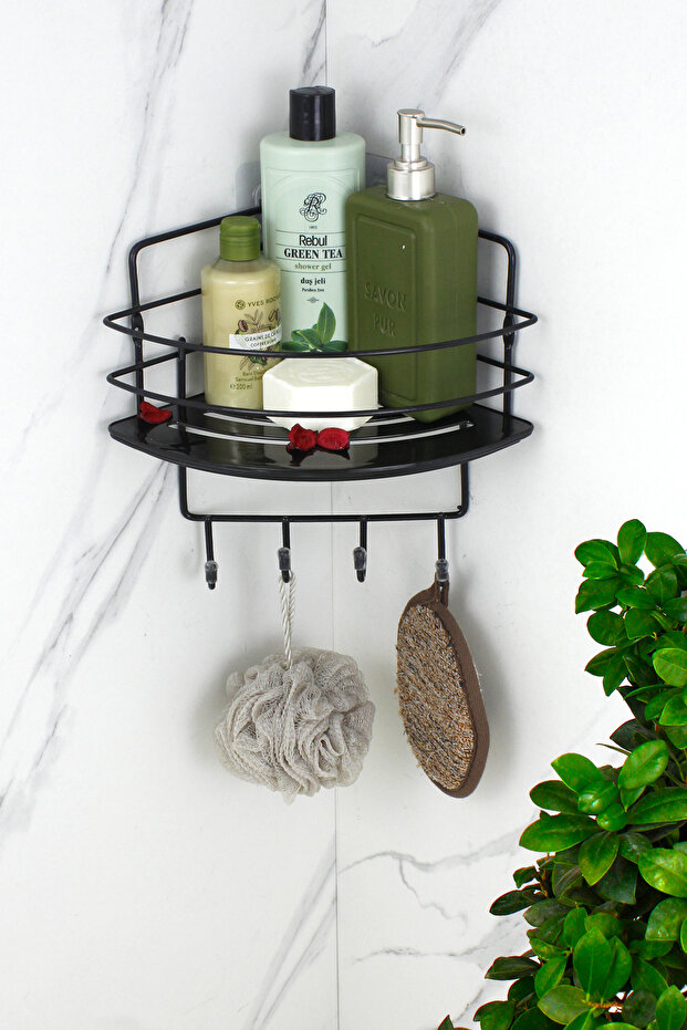 Stainless Black Wire Shampoo Holder with Crystal Shelf Adhesive Bathroom Corner - Shelf