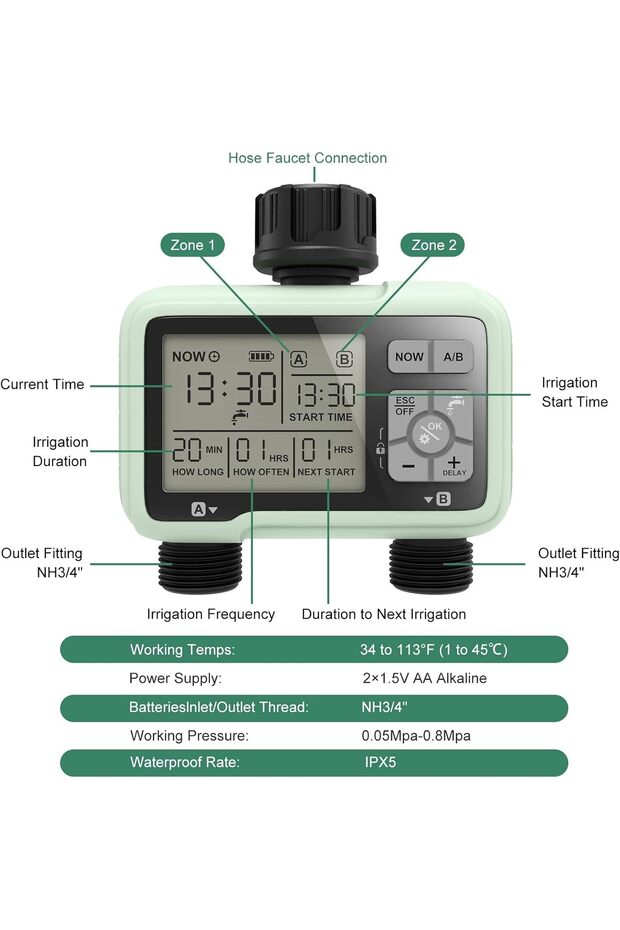 Automatic Irrigation Controller, 2 Independent Zones - 5
