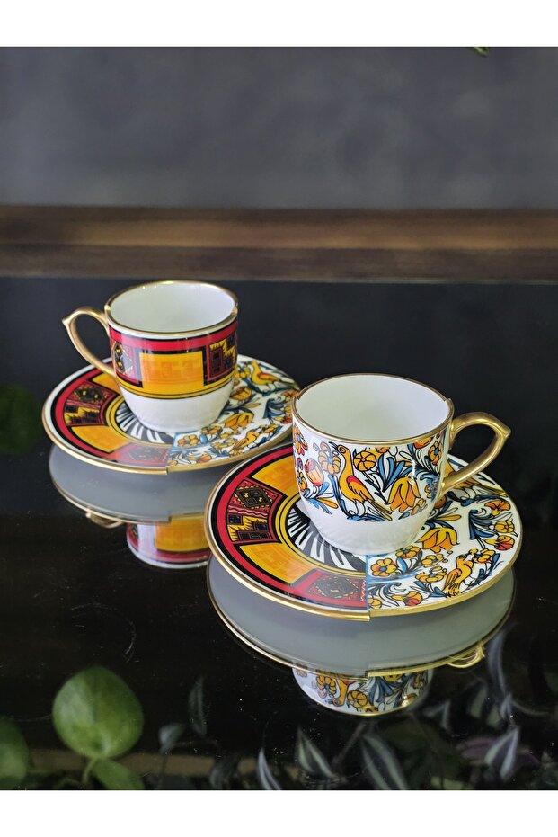 Handmade 4 Piece Porcelain Turkish Coffee Cup Set for 2 Persons Canga Series