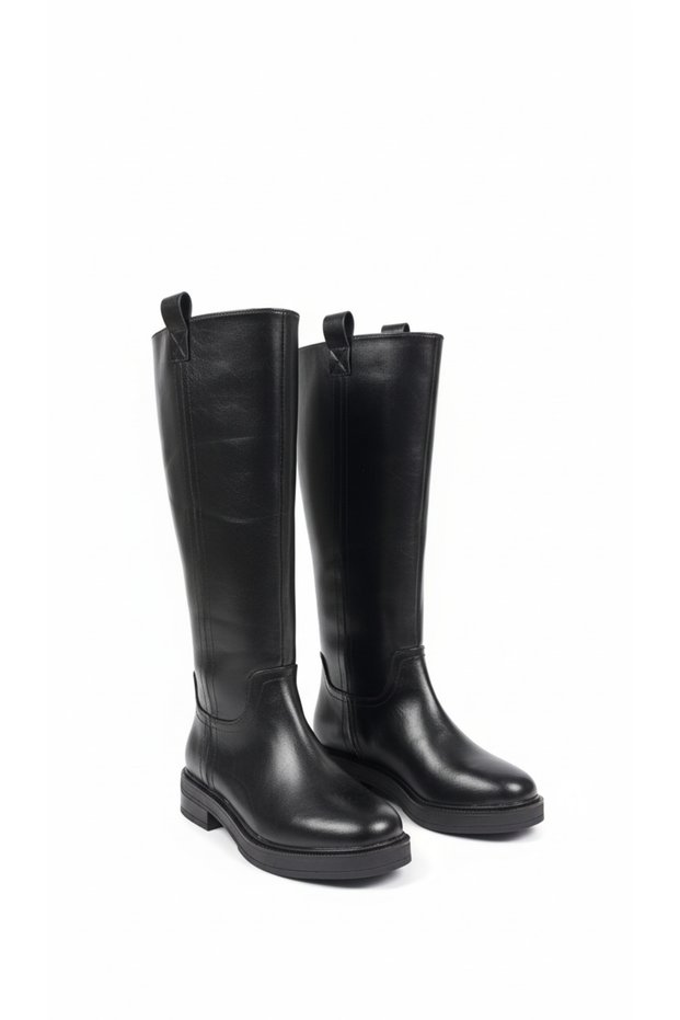 Women's Black Waterproof Below-The-Knee Non-Zipper Pull-On Non-Slip Sole Boots