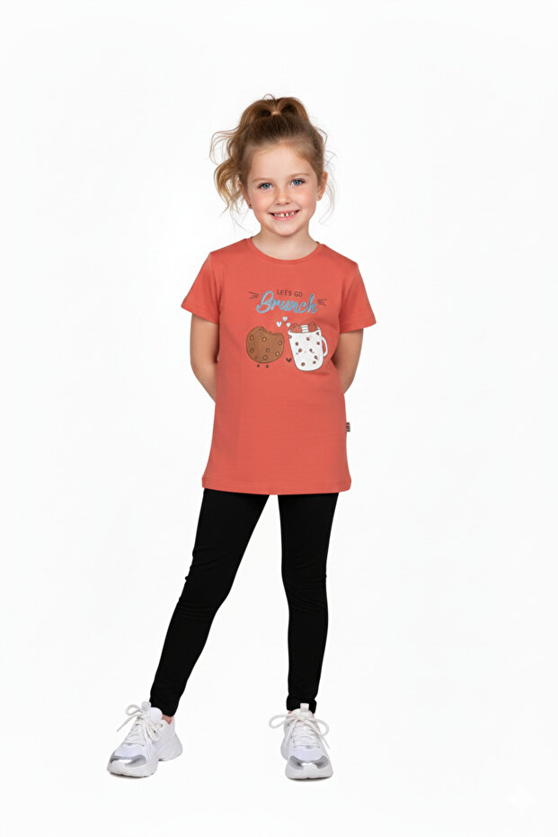 100% Cotton Cookie Patterned Girls' Summer T-Shirt and Leggings Set