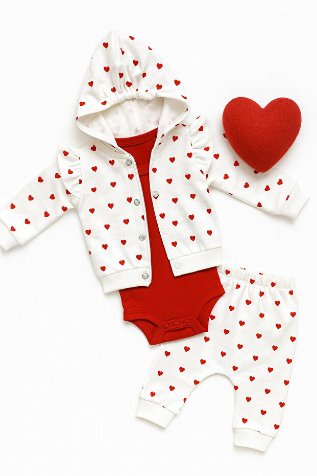 Linda Harris Heart Pattern Ekru Kapüşonlu Bodyli 3’lü Yenidoğan Kız Bebek Takımı