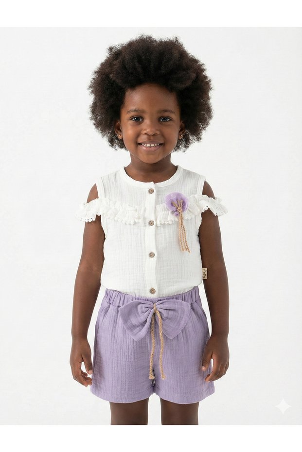 Girl's Set with Ruffle Detailed Muslin Shorts - 100% Cotton Breathable - (2-3-4-5 Years Old)