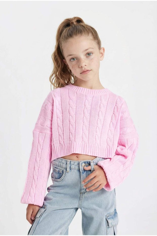 Girl's Crop Crew Neck Hair Braided Knitwear Sweater C6934A824Au