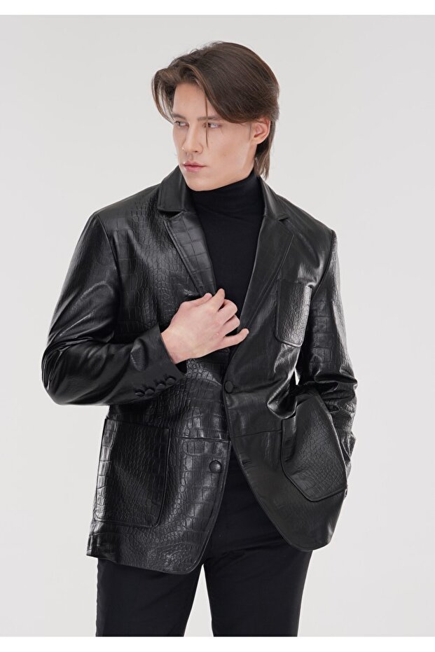 TİMSAH BASKILI DERİ BLAZER - 1