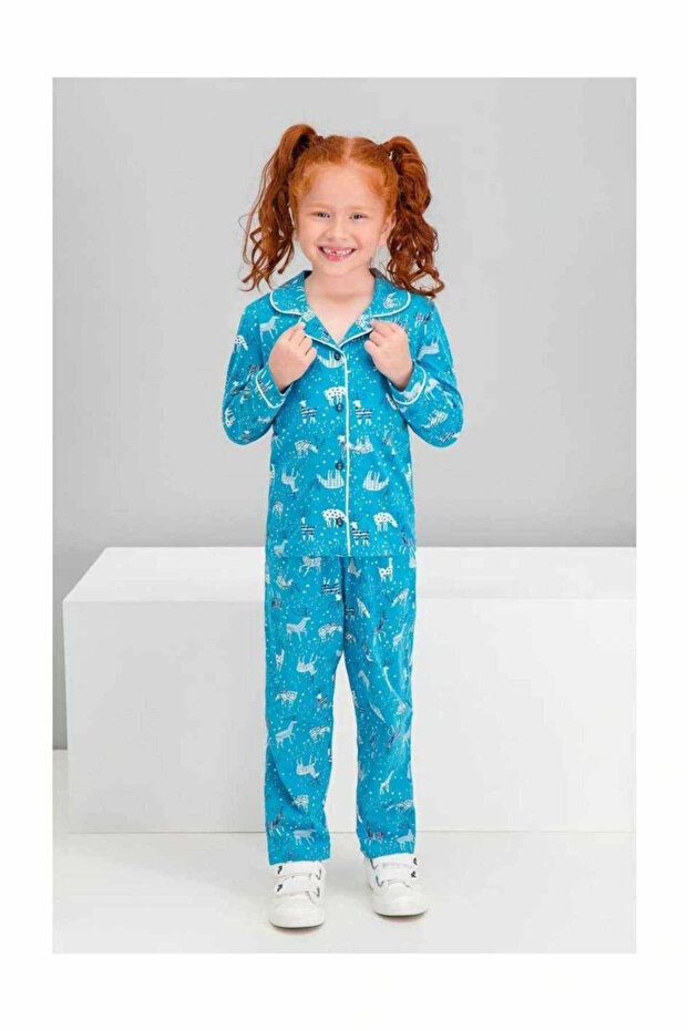 Girls Deer Petrol Shirt Pajama Set