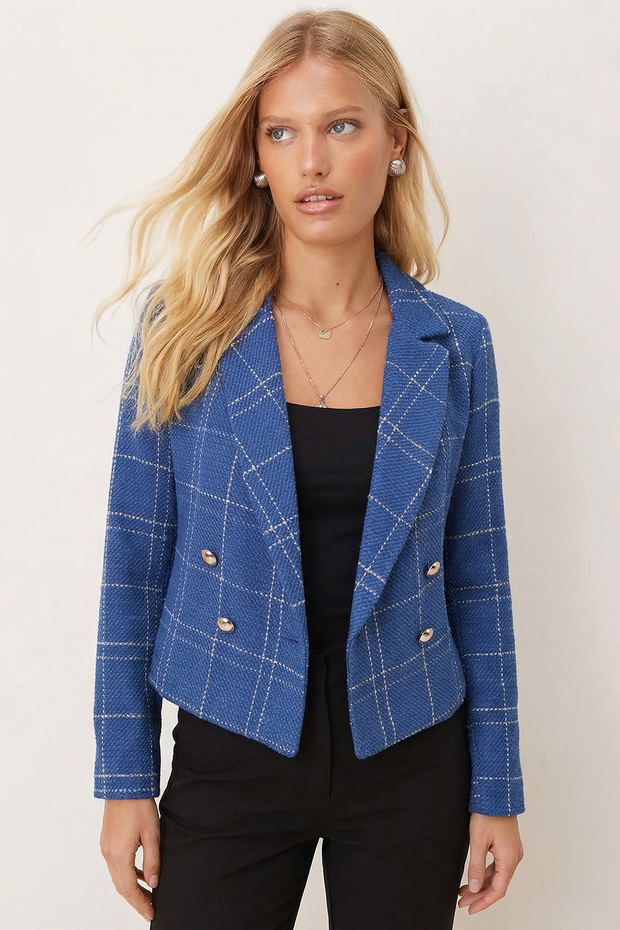 Women's Cobalt Blue-Beige Double-Breasted Collar Tweed Crop Jacket Arm-24K001014
