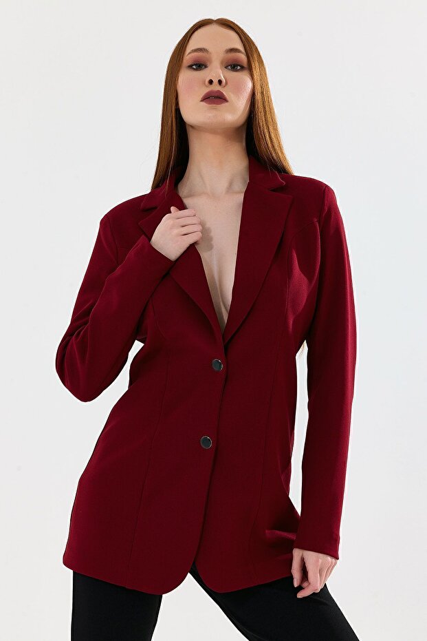 Lined Buttoned Scuba Crepe Jacket | Ckt35446 Dark Red
