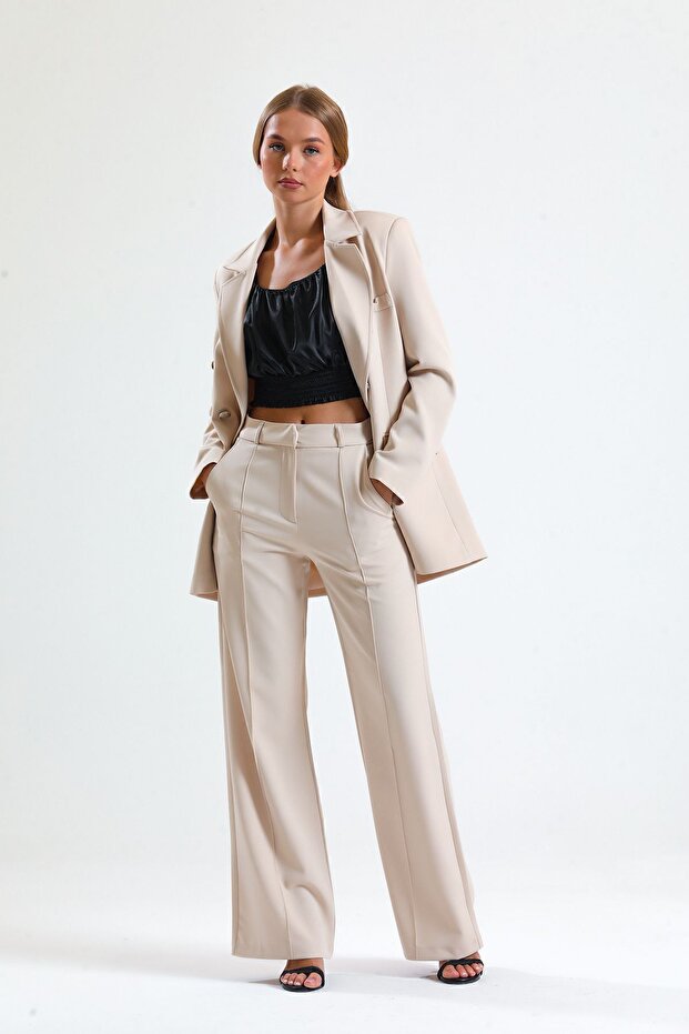 Ornamental Stitched Hürrem Fabric Wide Leg Trousers| Pnt34239 Stone
