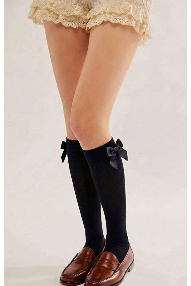 Women's Black Cotton Knee-High Socks with Ribbon Bow Detail