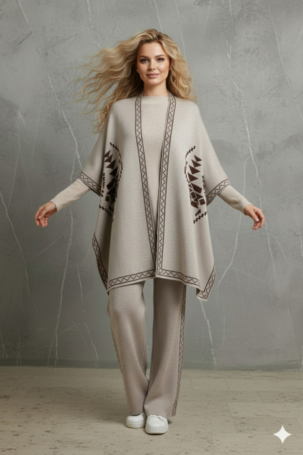 Women's Three-Piece Ethnic Pattern Poncho Knit Set