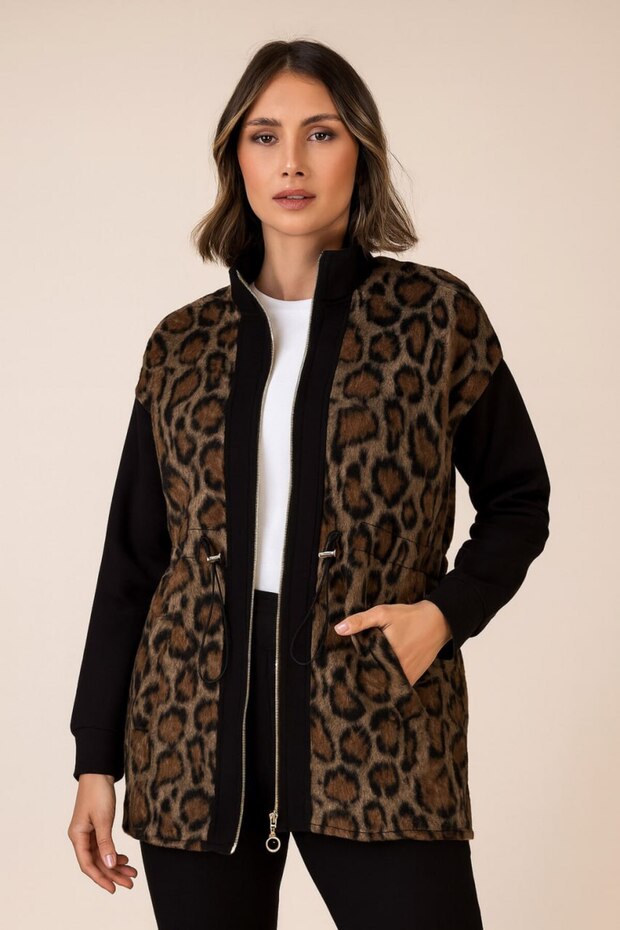 Women's Leopard Garnished Lace-Up Faceted Woven Fabric Zipper Jacket