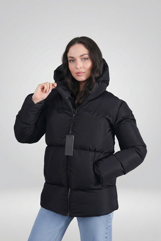 Women's Black Puffer Jacket Hooded Puffer Jacket