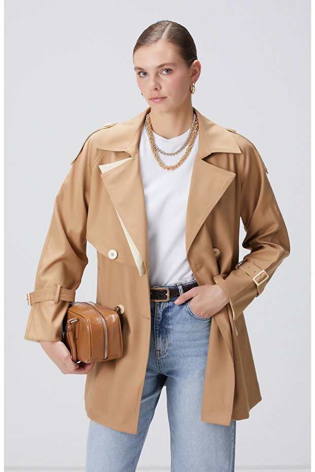 Bej Kruvaze Trench Coat - 4