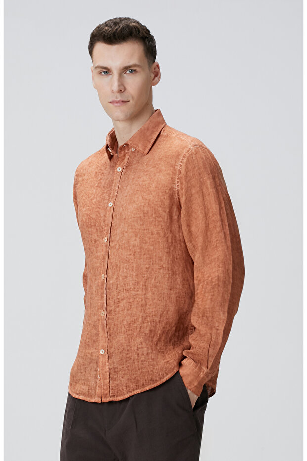 Turuncu Keten Gömlek - 4