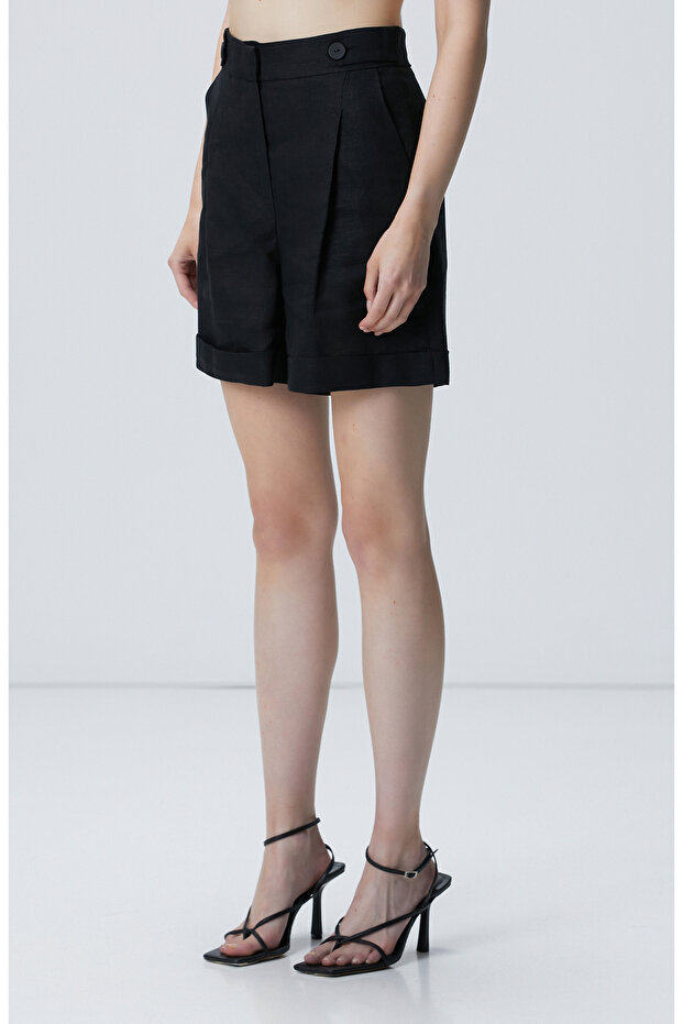 Siyah Keten Şort - 2