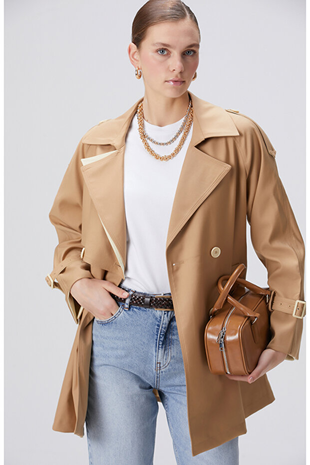 Bej Kruvaze Trench Coat - 5