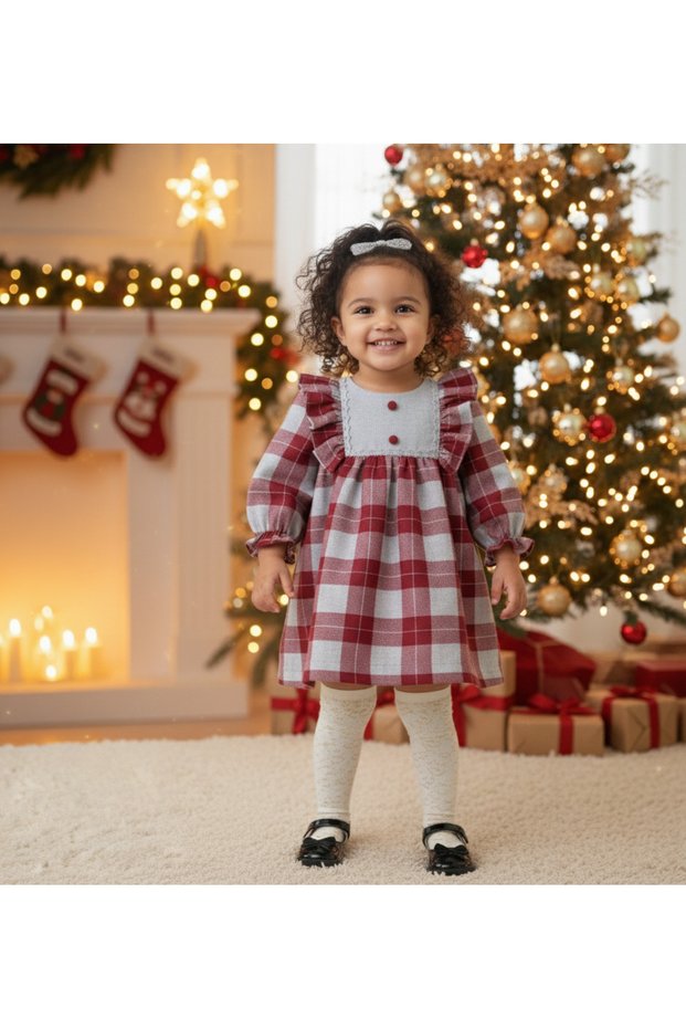 Sydney Burgundy Gray Plaid Baby Girl Christmas Dress 6-24 Months