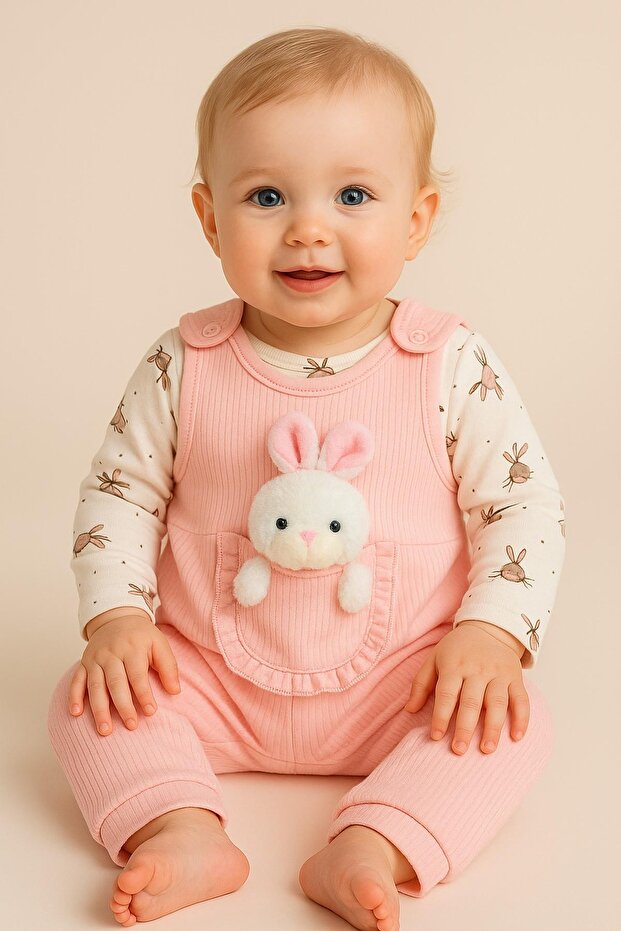 Baby Girl Romper Set with Toy Rabbit and Snap Fasteners, 2-Piece Romper Set – Bodysuit and Romper | 3-6-9 Months