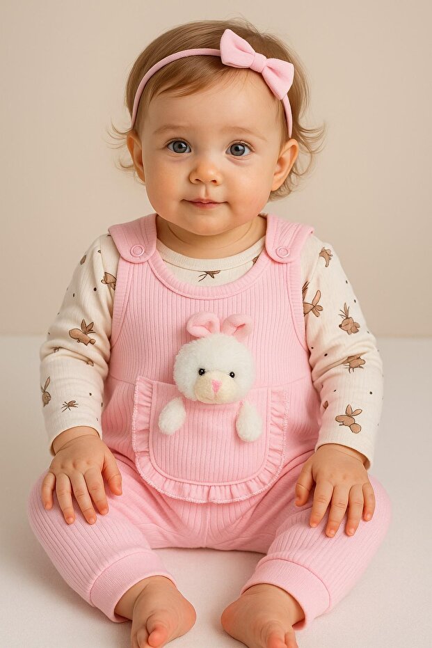 Baby Girl Romper Set with Toy Rabbit and Snap Fasteners, 2-Piece Romper Set – Bodysuit and Romper | 3-6-9 Months