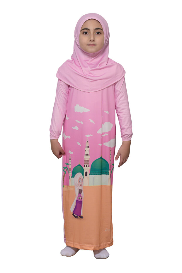 Children's Prayer Set Practical One-Piece Patterned Sleeves and Removable Headscarf Lycra Hijab Dress (6-12