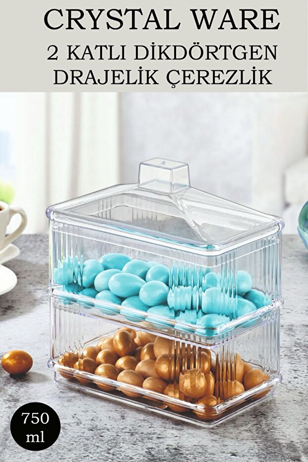 2-Tier Transparent Rectangular Dragee Container, Snack Container, Presentation Container 750 ml F122