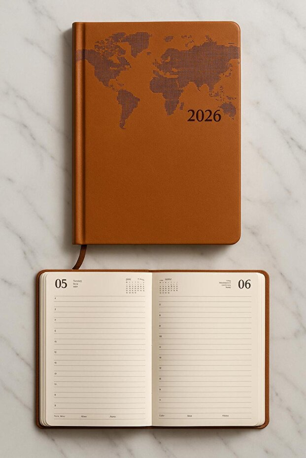 Thermo Leather Dated World Map Patterned Agenda 2026 - 1