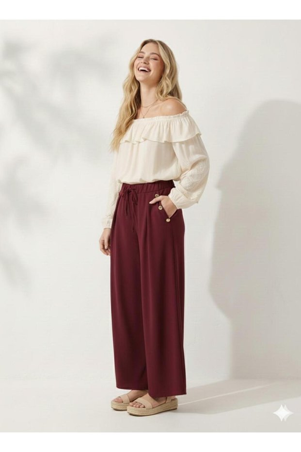 Button Detail in Pocket, Elastic Waist, Wide Cut, Flared Double Crepe Fabric Trouser Skirt -31010