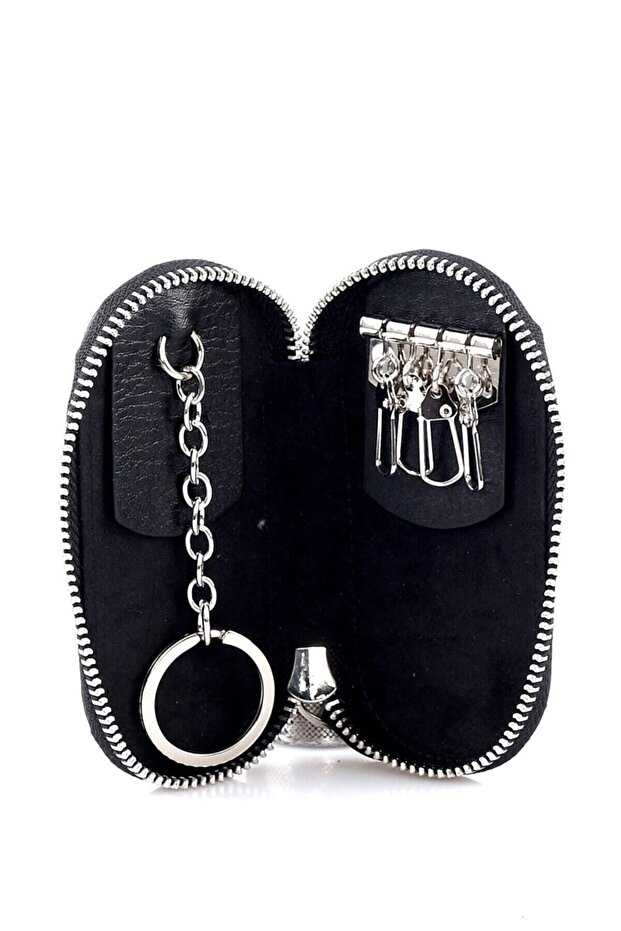 Genuine Handmade Leather Key Holder Zippered Leather Keychain Auto Vehicle Organizer Leather 786 Black