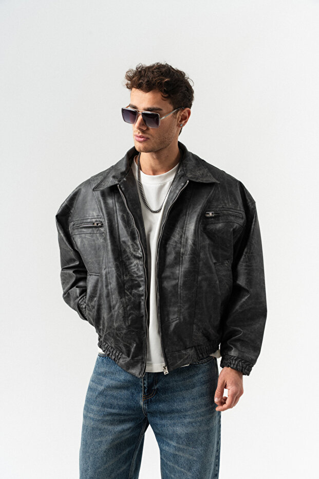 Blendcore Leather Coat with Zipper and Pocket Detail