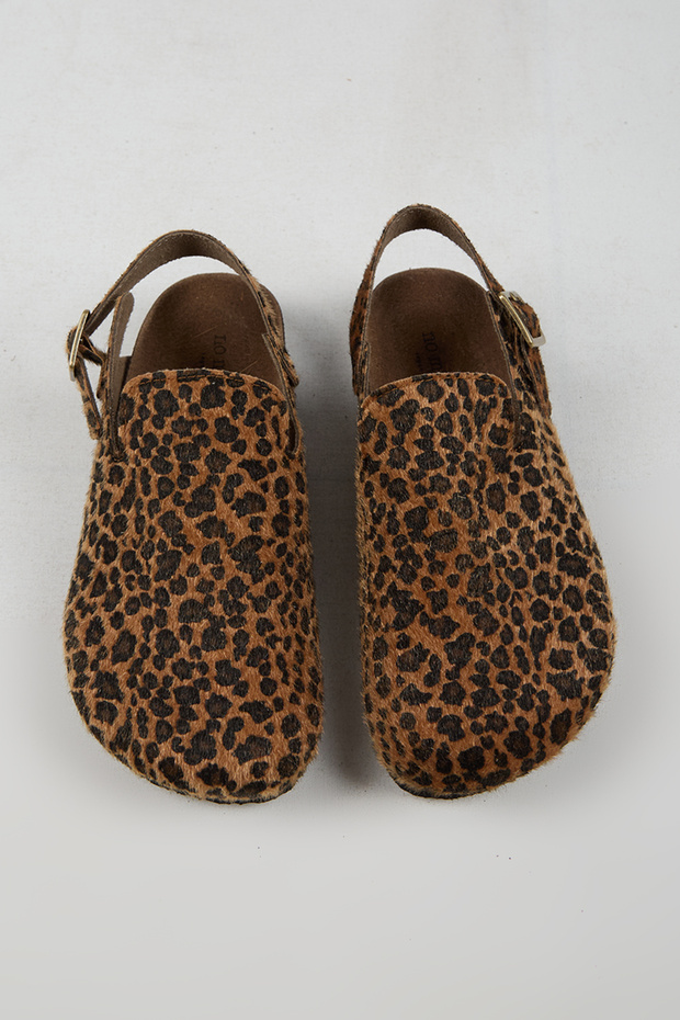 Lapaz Women's Vegan Leather Buckle Leopard Sabo Slippers
