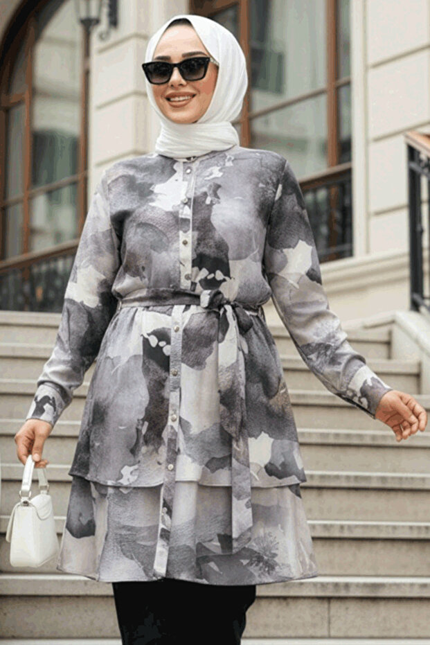 تونيك حجاب رمادي منقوش 21101GR - 1