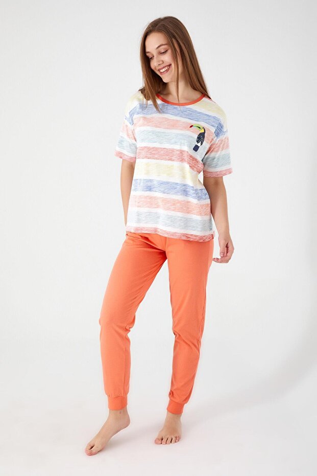 Premium Women's Sloping Cream Cotton Cuffed Short Sleeve Pajama Set