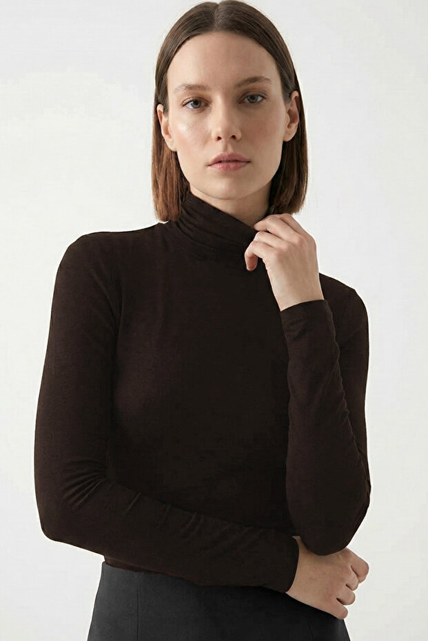 Women's Brown Ultra Soft Turtleneck Blouse
