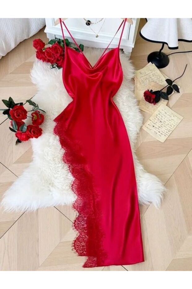 Scarlet Allure Lace Detailed Long Satin Nightgown