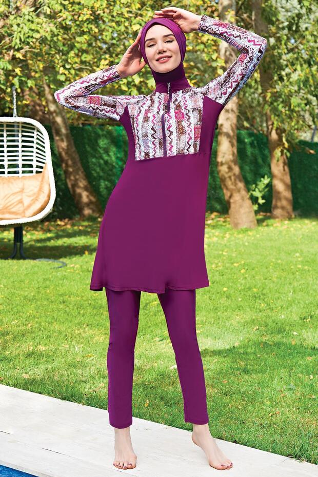 2405-3 Purple Patterned Half-Zipper Raglan Sleeve Lycra Water-Repellent and Quick-Drying Fabric Hijab Swimsuit