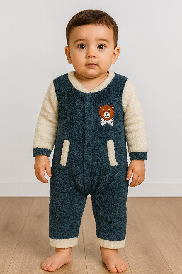 Winter Sweet Teddy Bear Pocketed Welsoft Zippered Winter Baby Jumpsuit