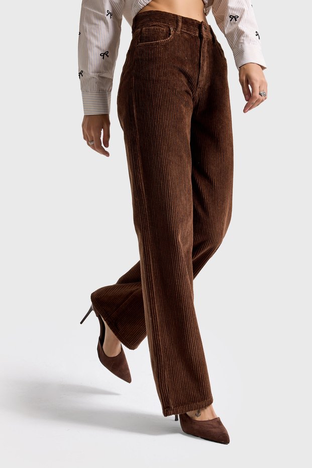 Women's Brown Doris 26W5-42 Straight Fit High Waist Inner Length 80cm Thick Corduroy Velvet Fabric