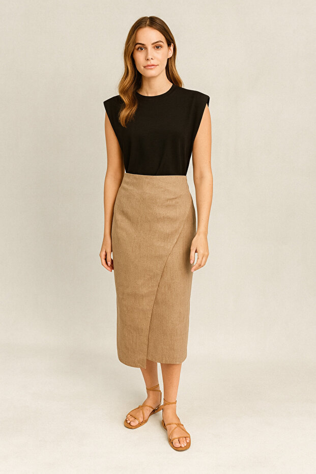 Women's Linen Blend Side Gathered Midi Skirt - Milk Coffee