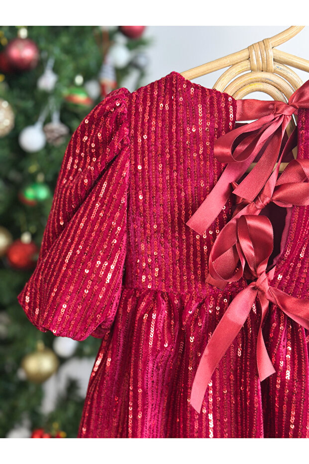 Pullu Balon Kol Elbise-Kırmızı - 4