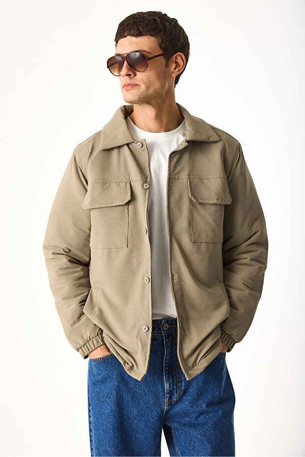 Men's Regular Fit Quilted Technical Jacket - Beige - 3