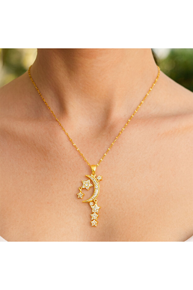 Stoned Moon Star Steel Necklace