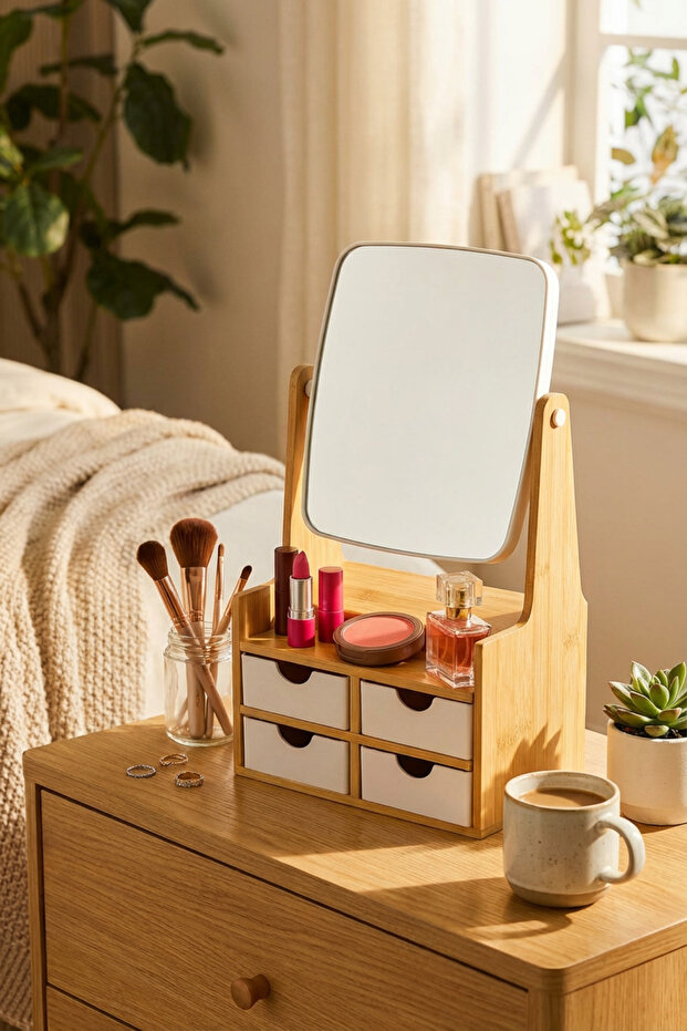 Bamboo Drawer Mirror Jewelry Organizer – 4 Drawers, 360 °   Rotating Mirror