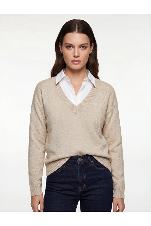 X Melis Ağazat - Long Sleeve V-Neck Knitwear Oversized Sweater