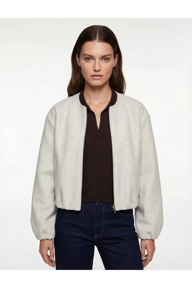 Kaşe Bomber Jacket Crop Crew Neck Zipper Pocket Long Sleeve